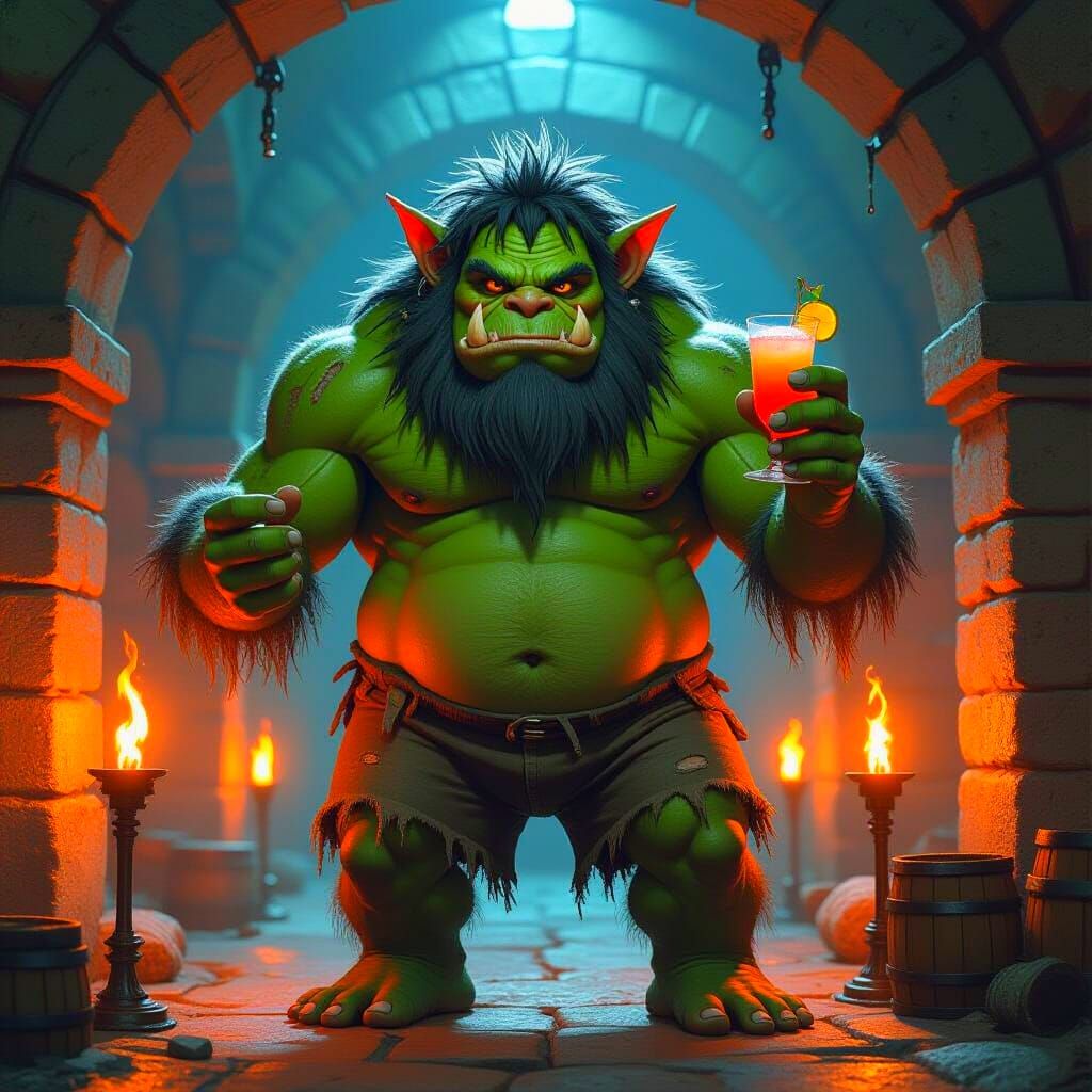 Ogre Relaxing in Dungeon with Cocktail