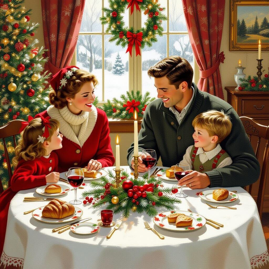 Christmas Dinner in Classic Illustration Style
