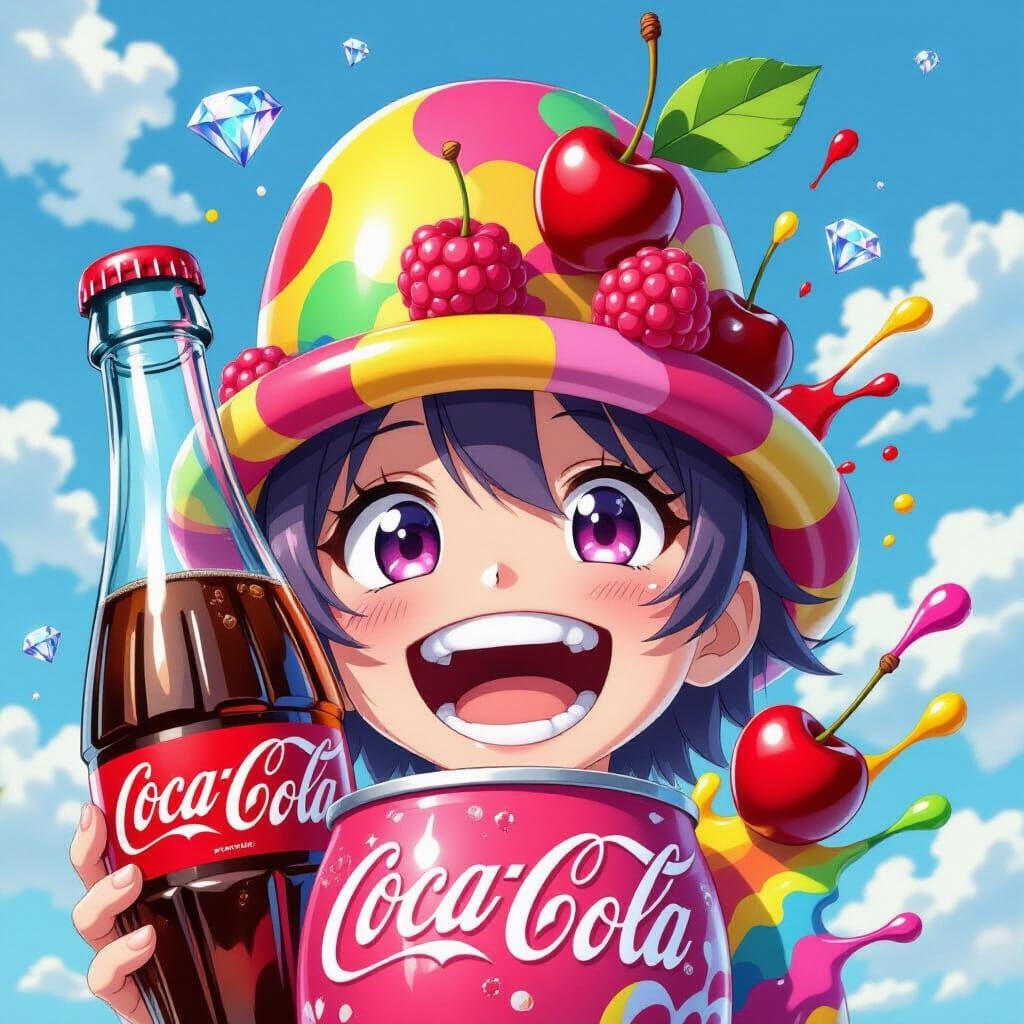 3D Anime Soda Bottle with Fruit Hat and Diamond Splashes