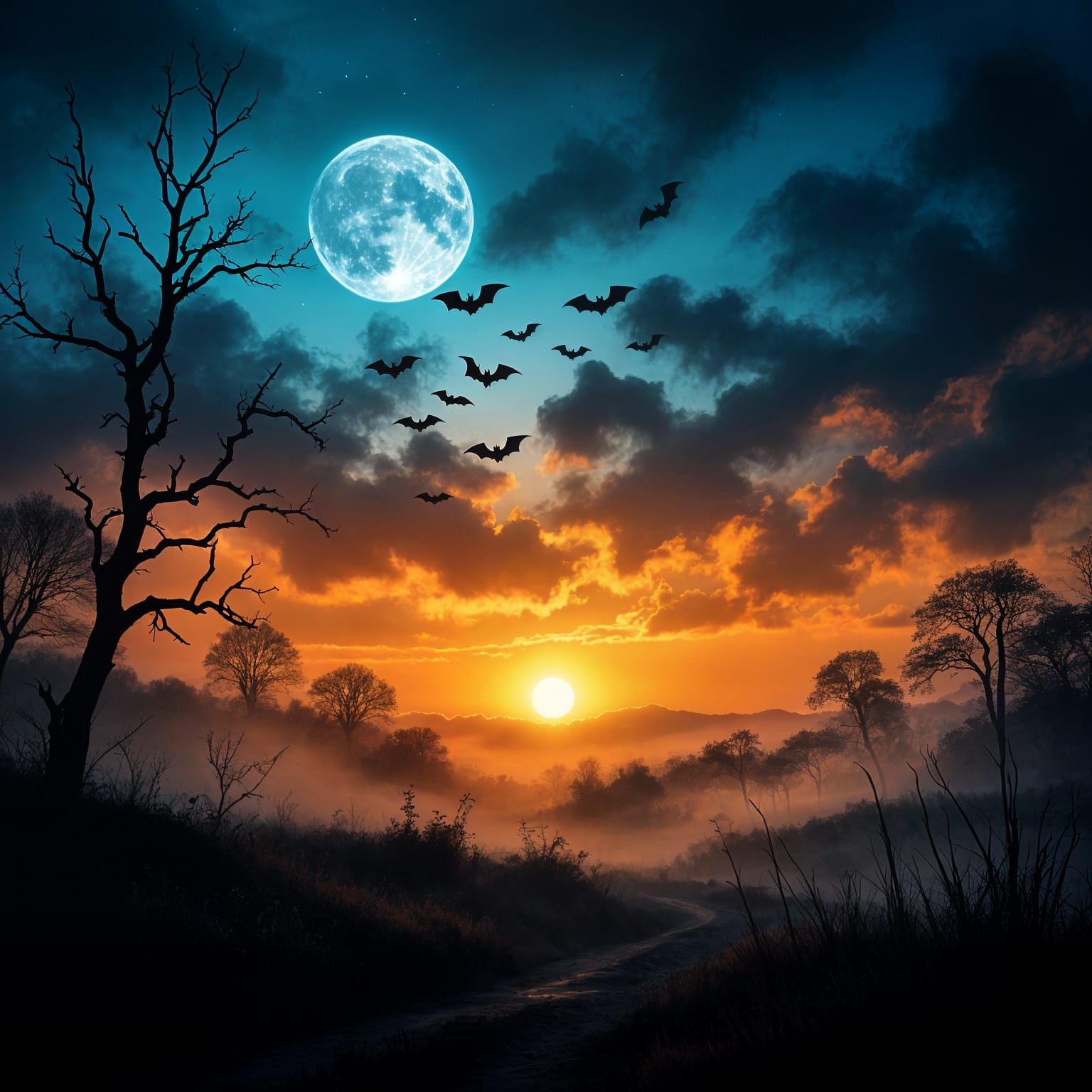 Eerie Horror Sunset with Bats and Moonlight