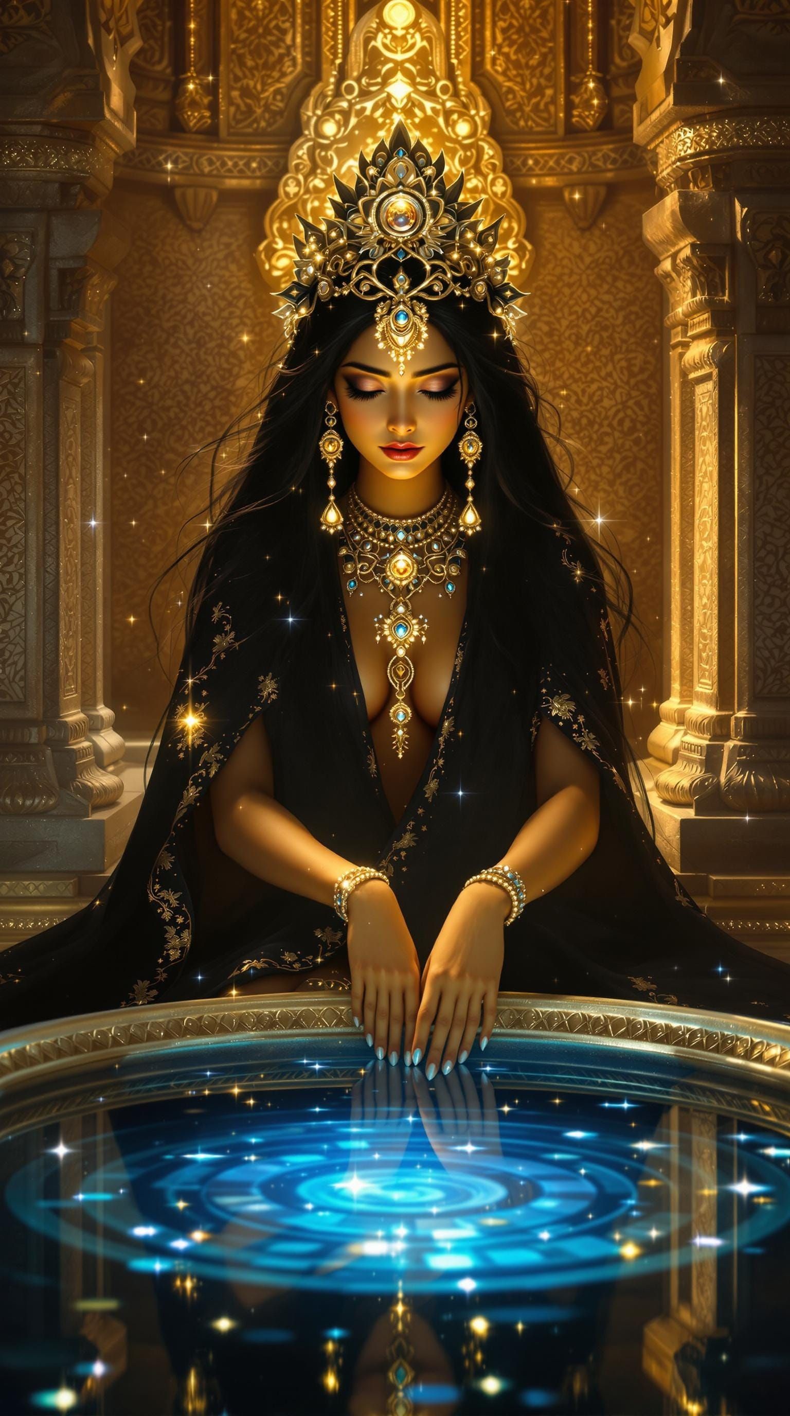 Sonpari in Secret Chamber Gazing at Magical Mirror