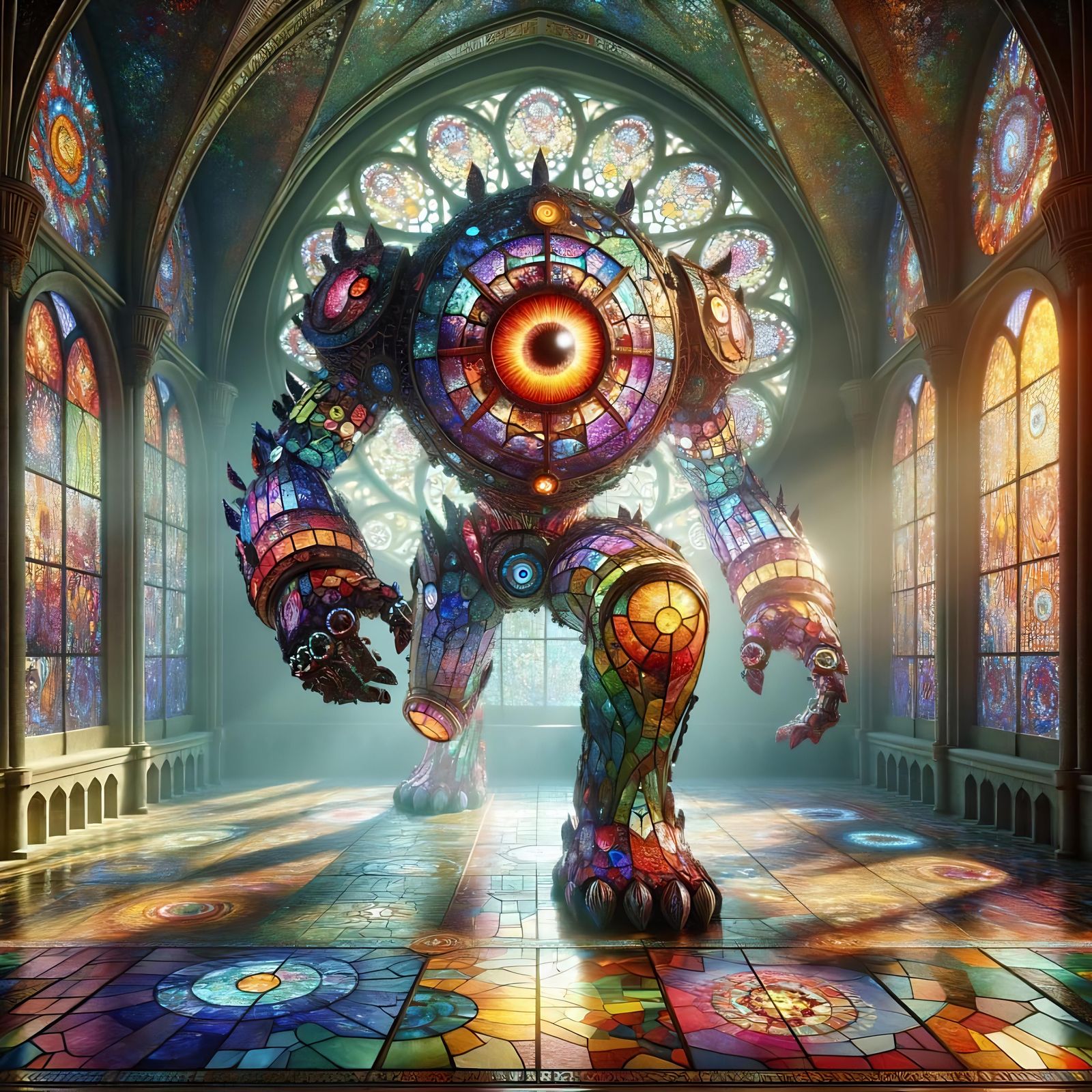 Stained Glass Golem Sentinel in Ancient Cathedral