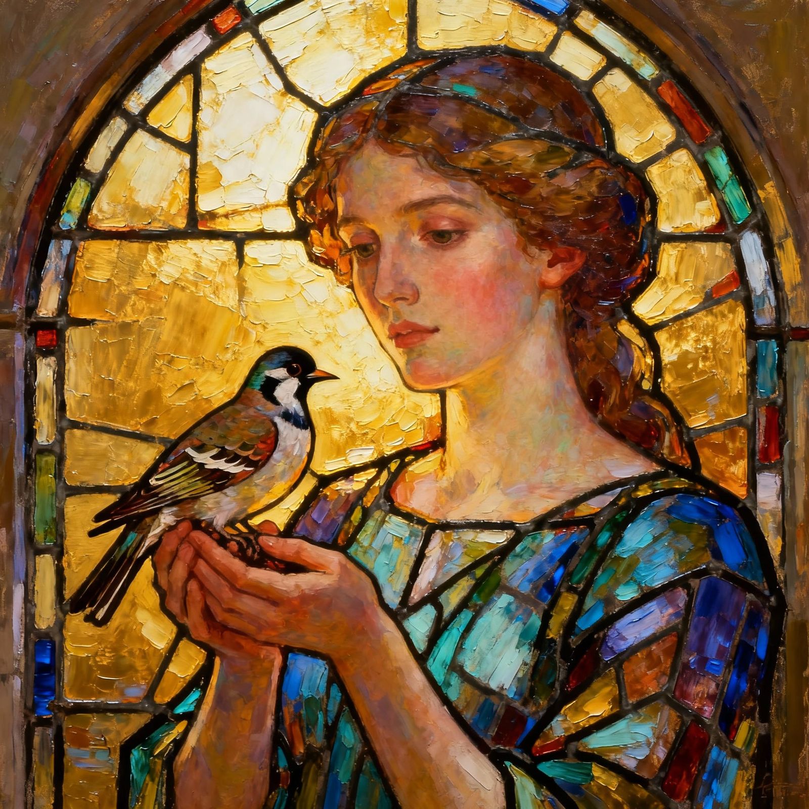 Young Hera Holding Cuckoo in Stained Glass Style