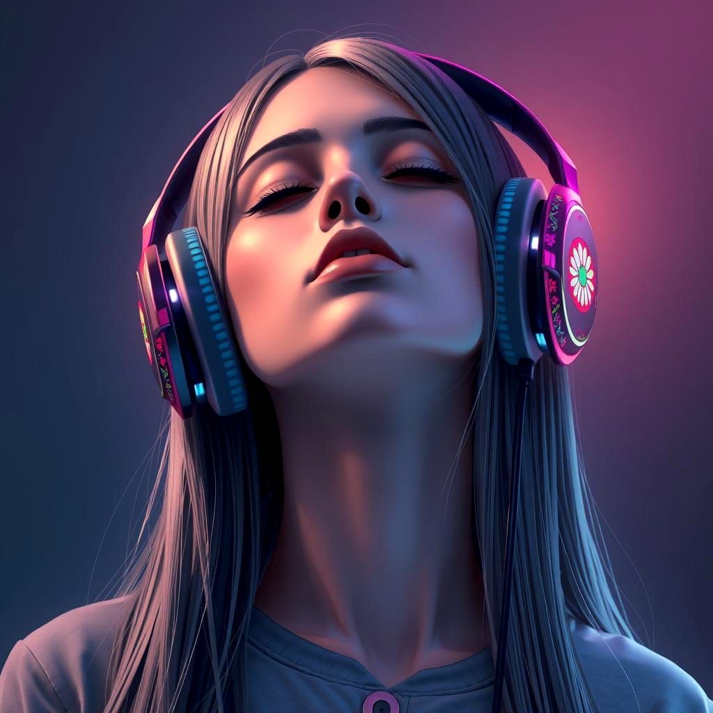 Ethereal Woman Listening to Music: Hyperdetailed Portrait