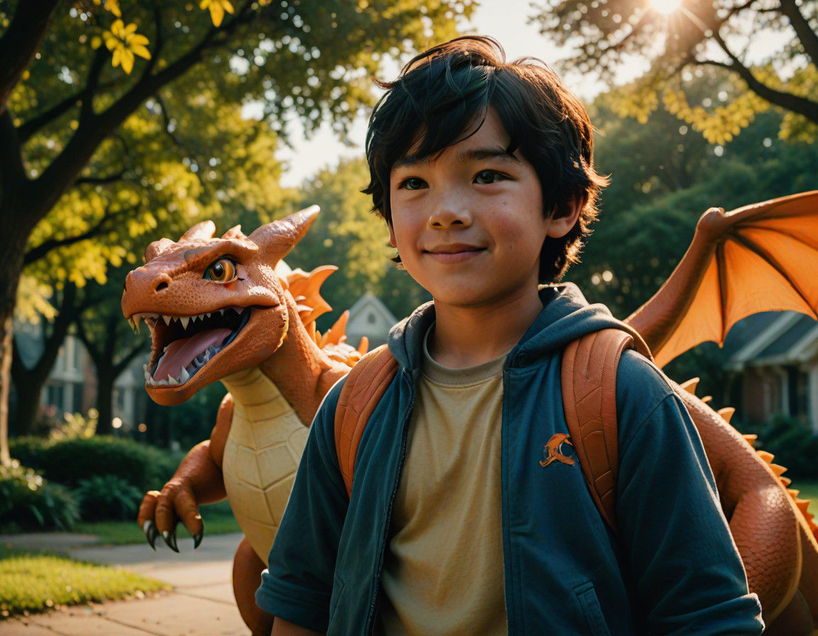Boy and Realistic Pokémon Charizard in Sunlit Moment