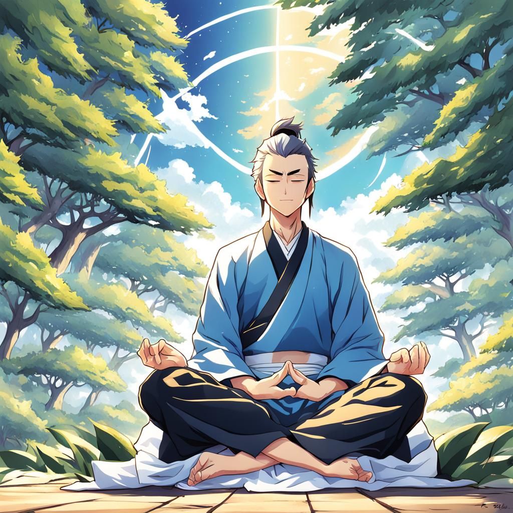 Meditating Young Man in Anime Style