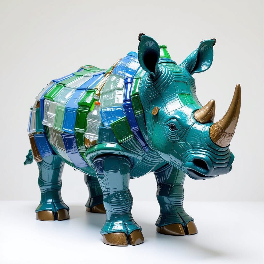 Rhino Sculpture Created from Recycled Plastic Bottles