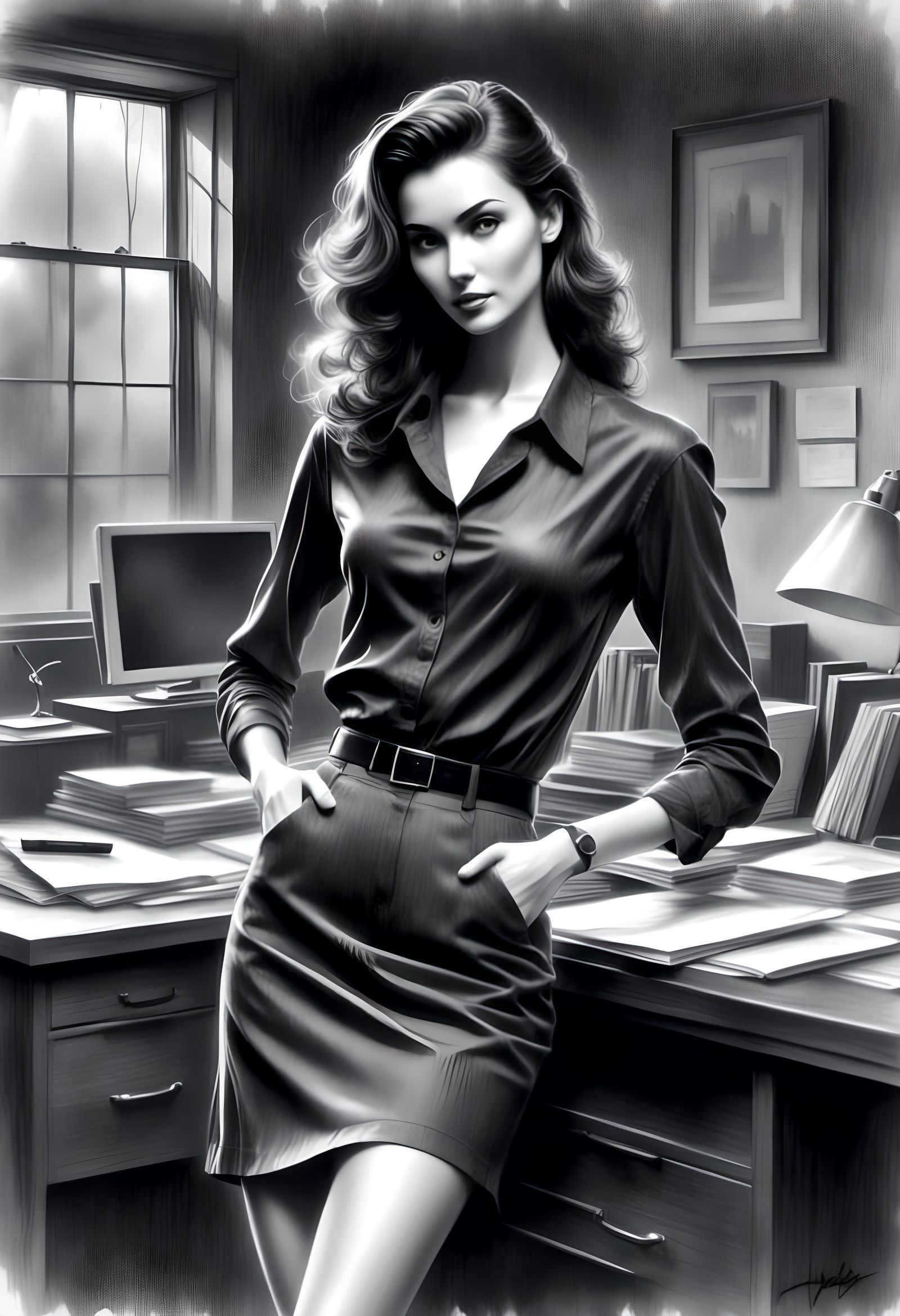 Pencil Sketch of Woman in 1990s Office