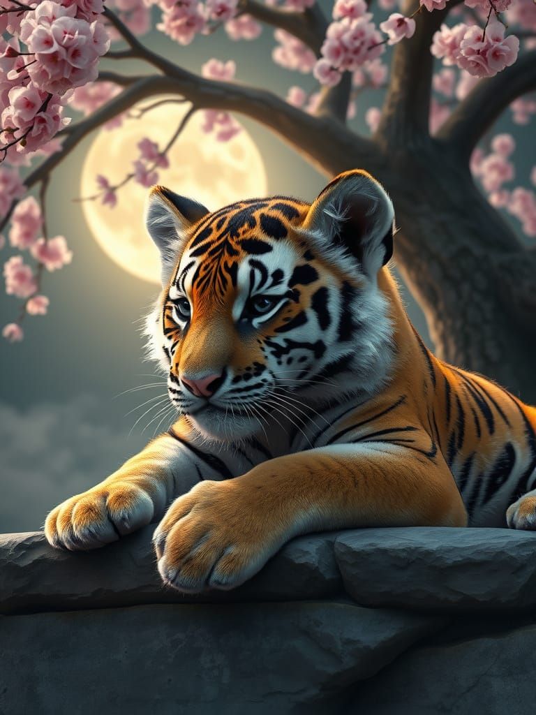 Cute Baby Tiger Under Cherry Blossom Tree in Ethereal Moonli...