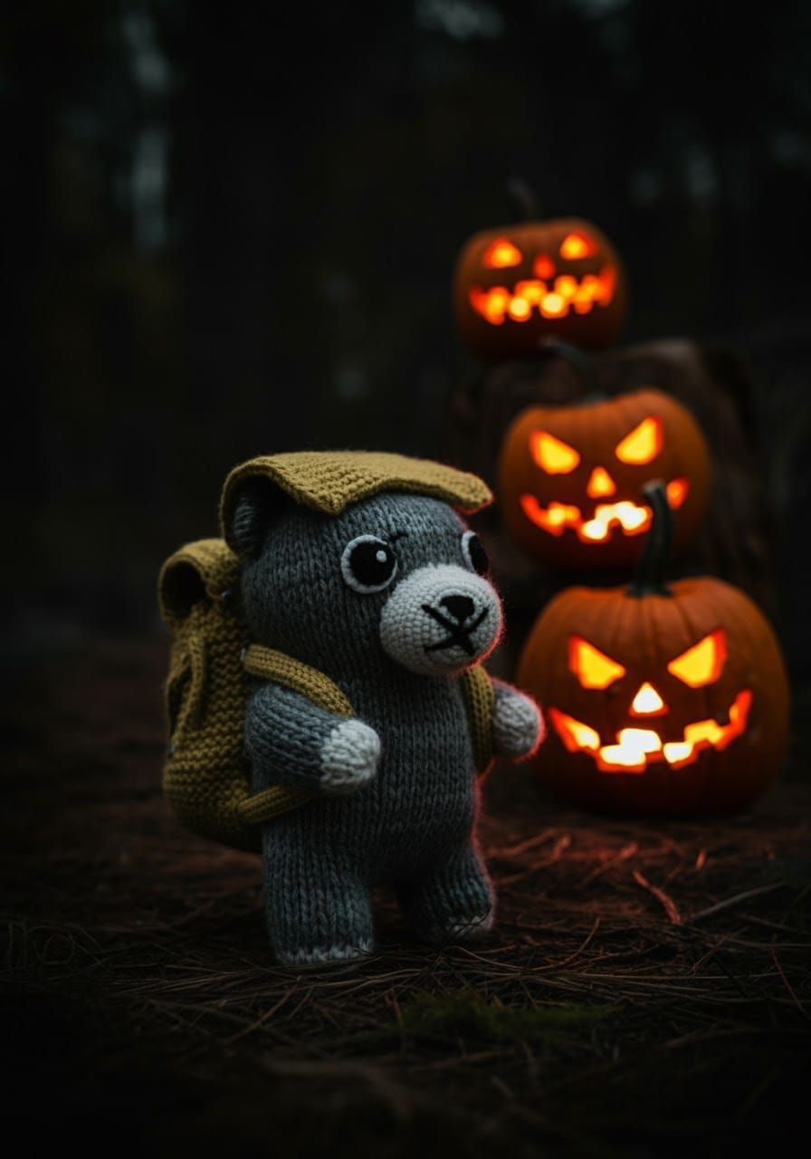 Knitted Toy and Burning Pumpkins: Cinematic Film Still