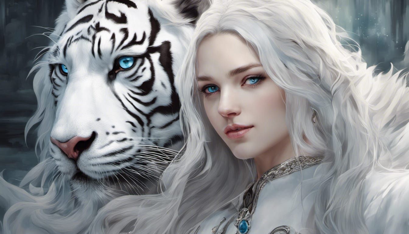 Young Woman with White Hair and Tiger Companion