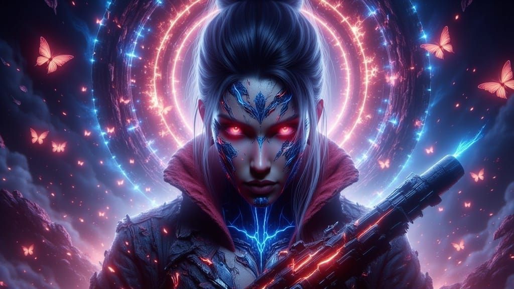 Samurai Girl with Laser Gun in Ukiyo-e Style