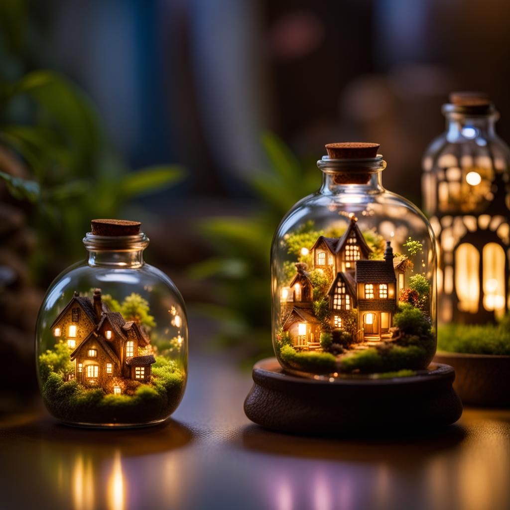 a tiny glowing fairy village in jars