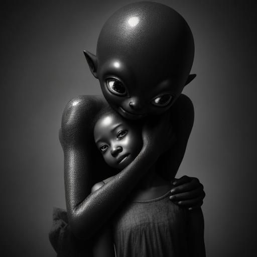 Touching Black and White Photo: Girl Hugs Alien