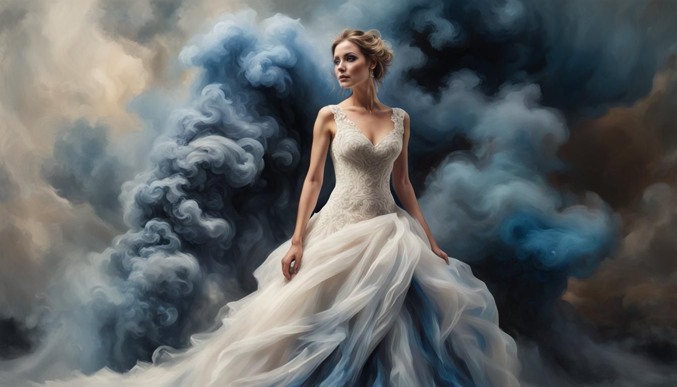 Billowing Blue Smoke Bride in Ivory Dress