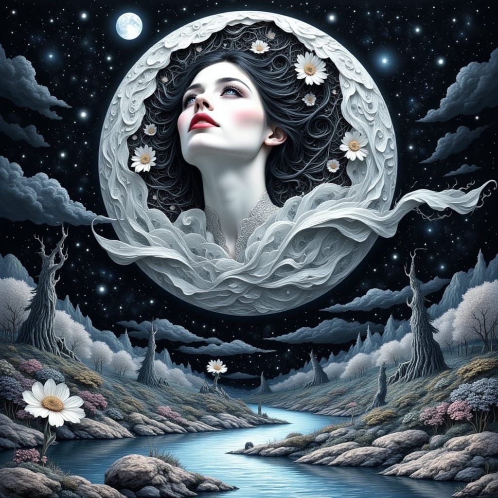 Ethereal Nocturnal Goddess Emerging from a Fractal Sea