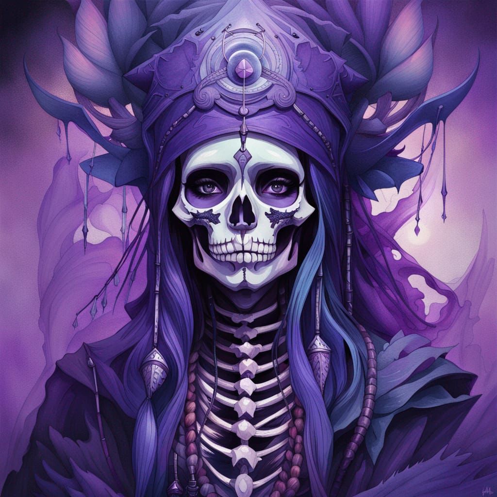 Purple Anime Skeleton Shaman Liquid Ink Portrait