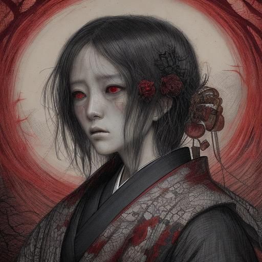 Japanese Ghost Screaming in Misty Forest Horror Art