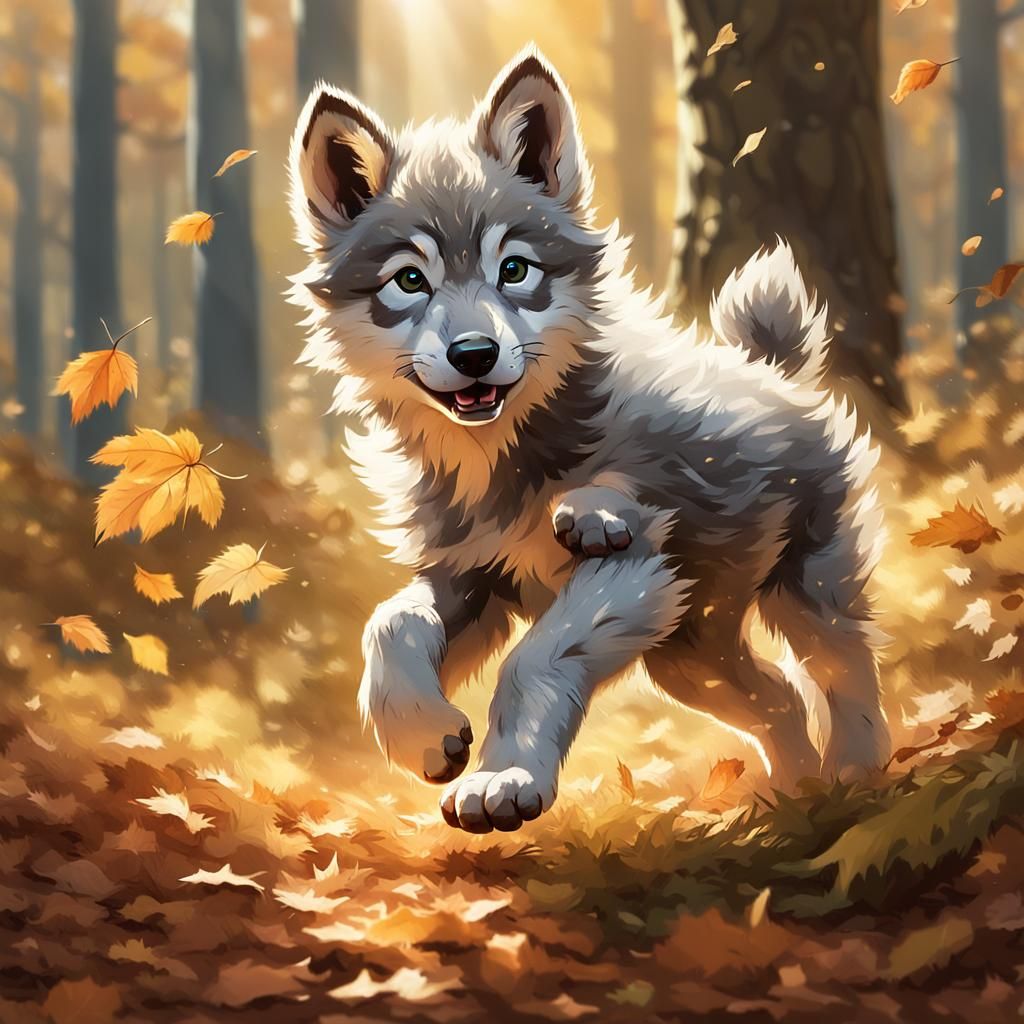 Playful Wolf Cub in Sunlit Forest Clearing