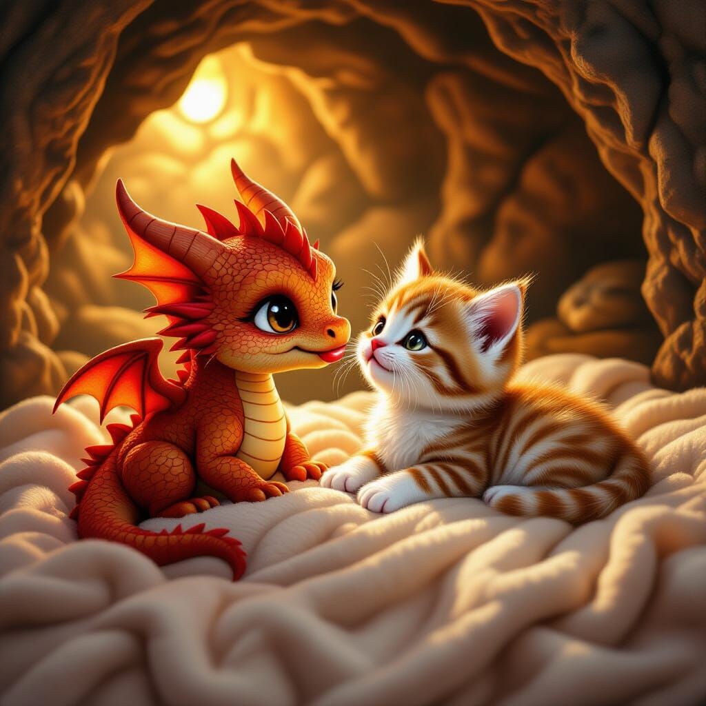 Red Dragon and Kitten in Cozy Cave
