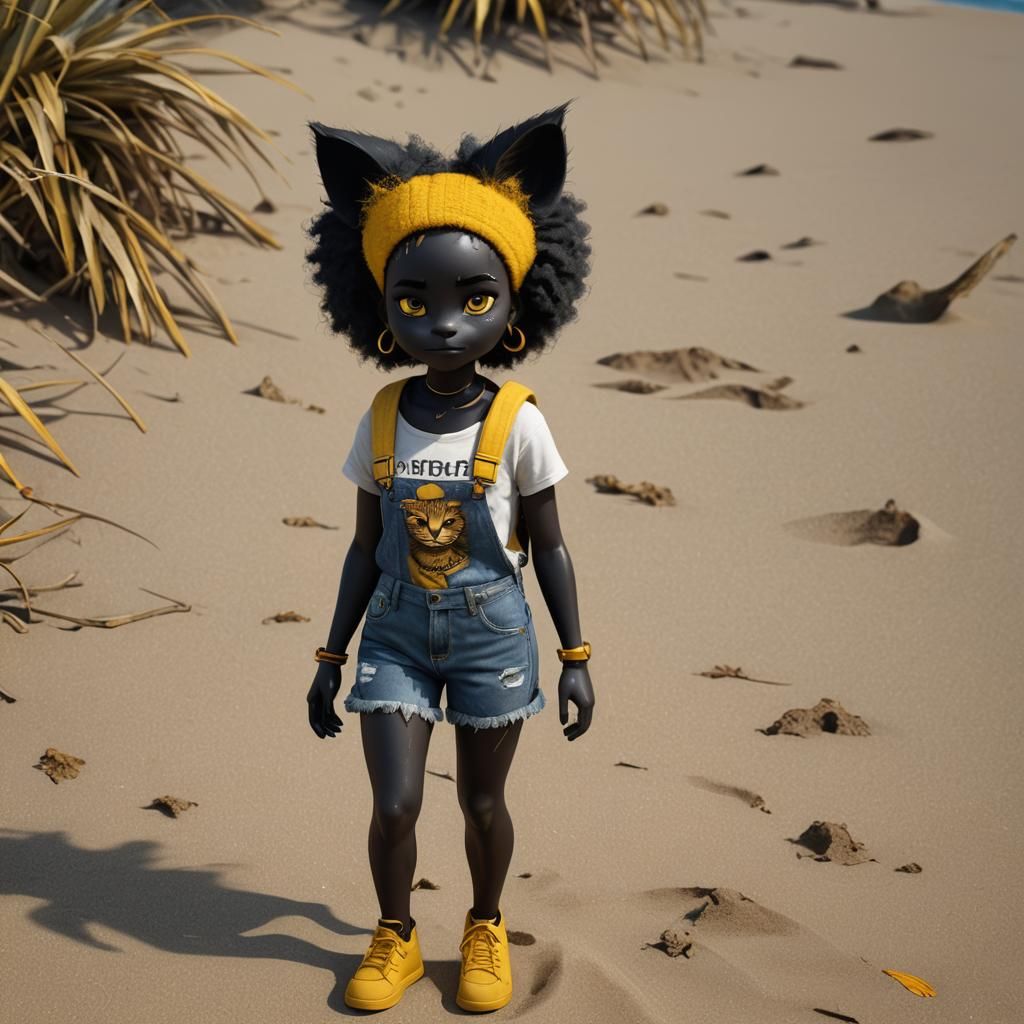 Attractive Cat-Woman on the Beach: Digital Art