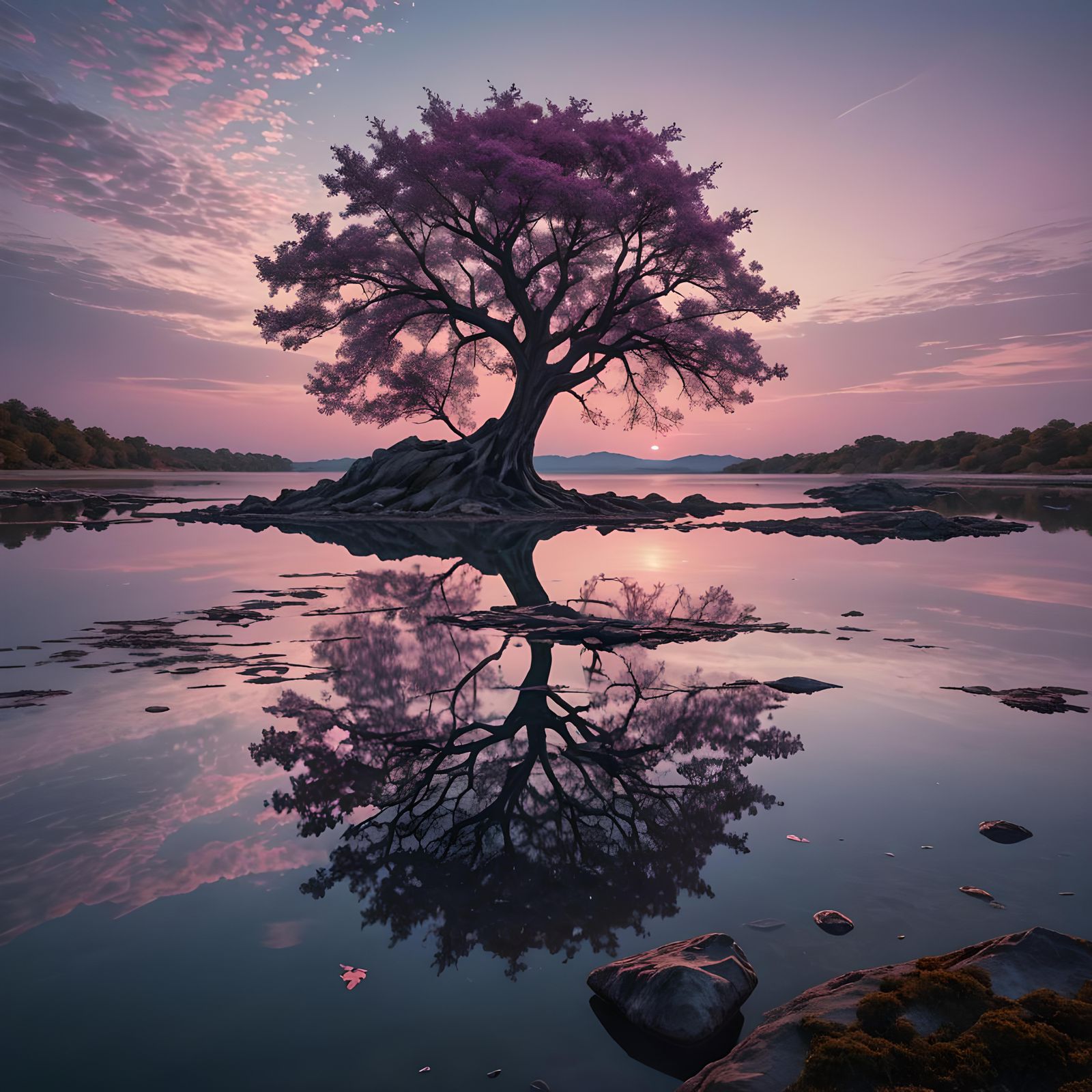 Serene Lagoon: Lonely Tree at Colorful Sunset