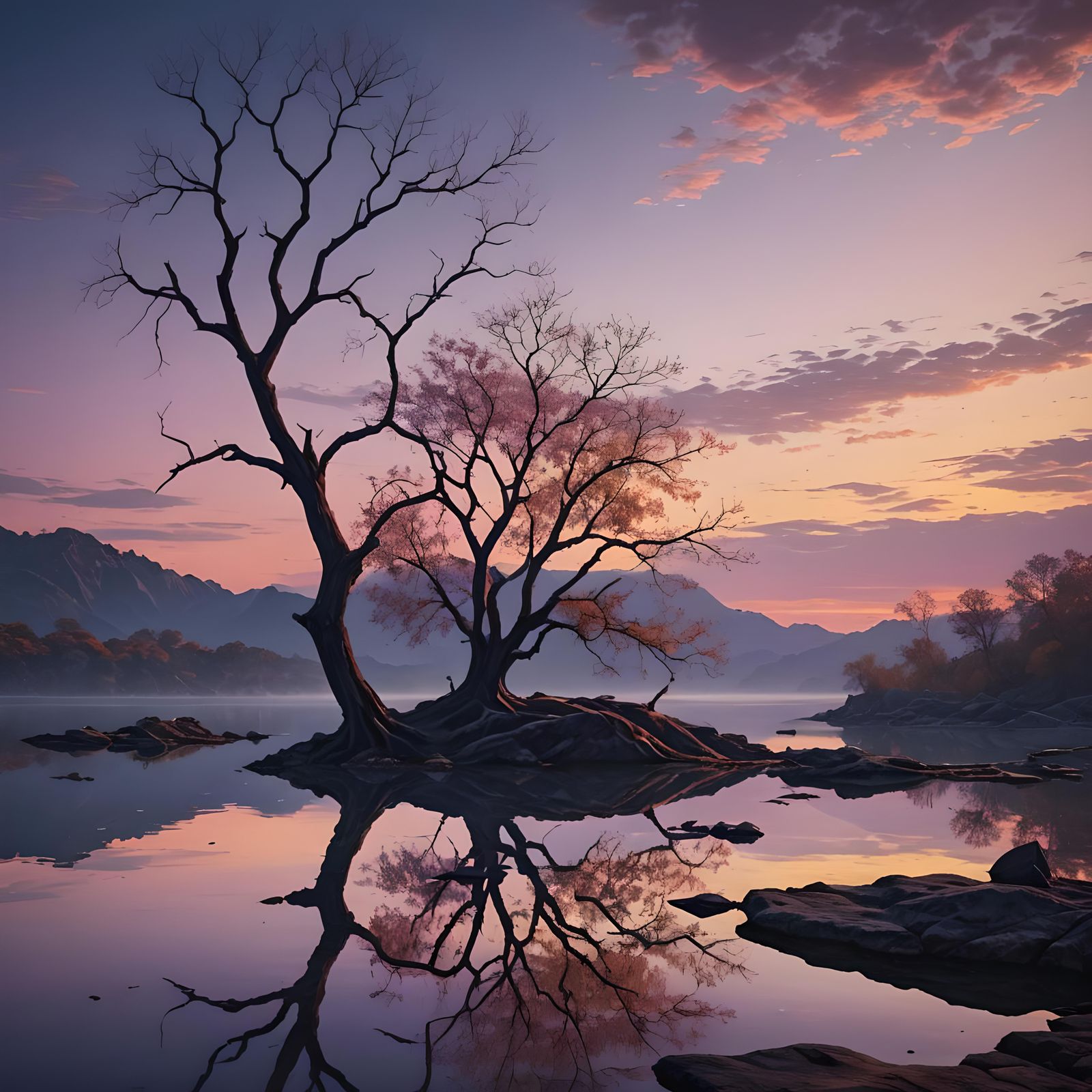 Serene Lagoon Sunset with Lonely Tree