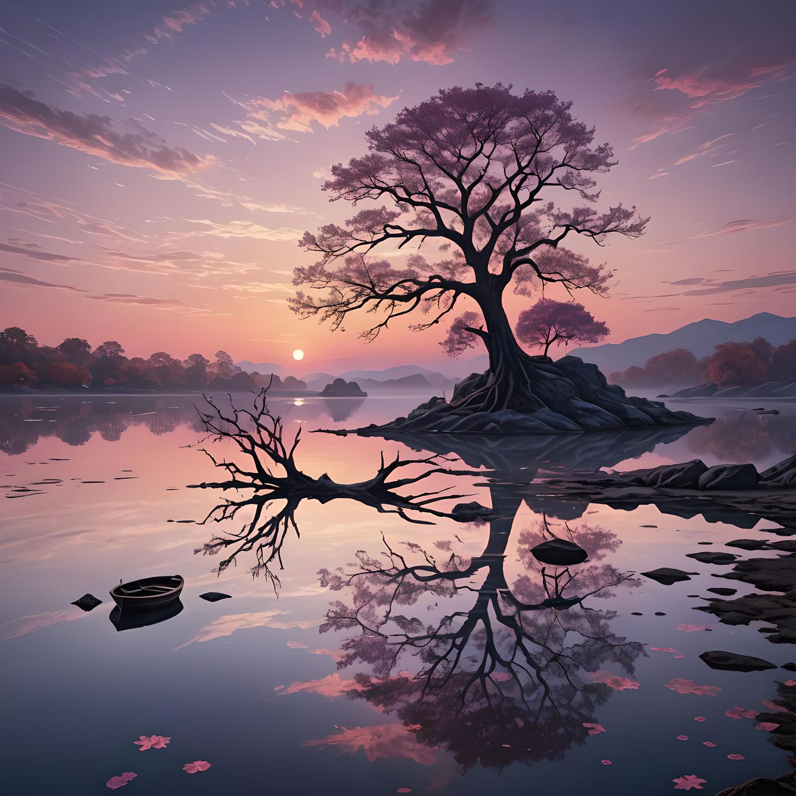 Lonely Tree Reflected at Sunset in Detailed Matte Painting