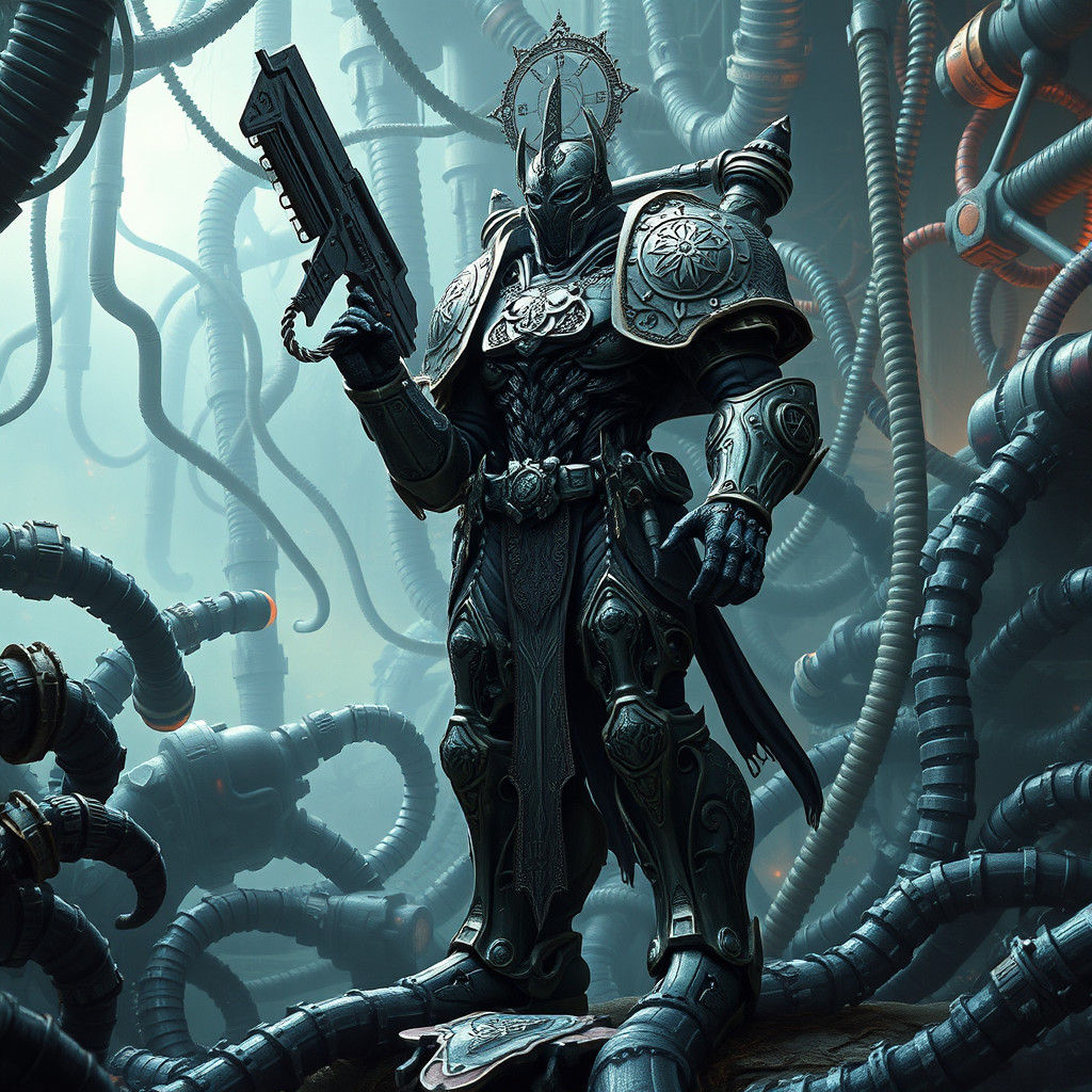 Ornate Space Marine in Gothic Armor, Gritty Futurism