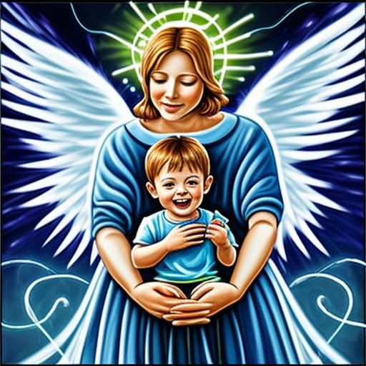 Angel mother, with glowing strings connecting her to a happy...