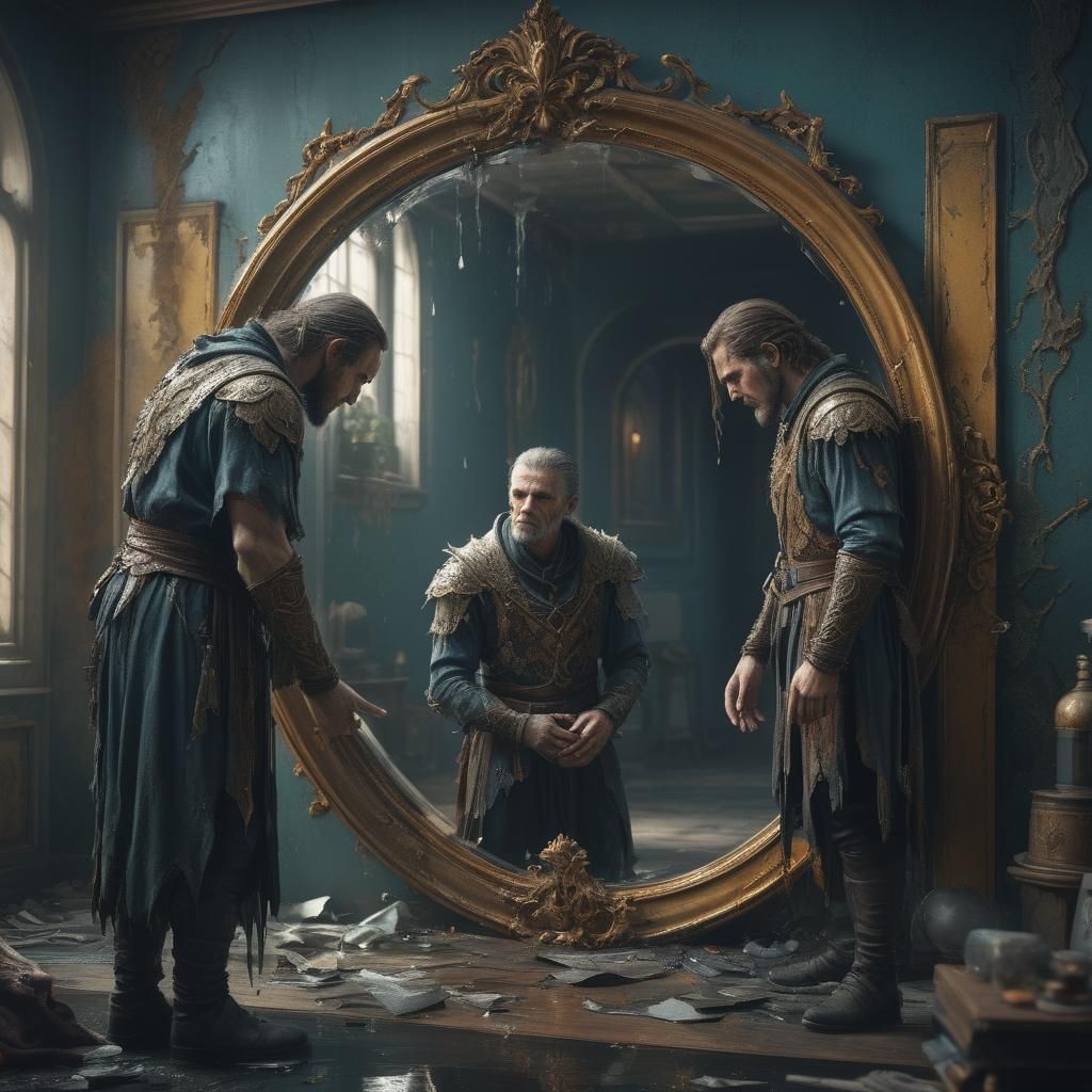 Grieving Man Shatters Reflection: Fantasy Concept Art