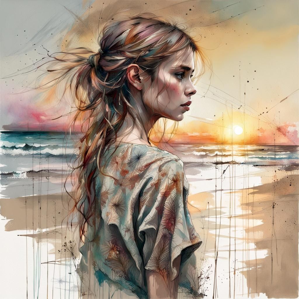 Sunset Beach Portrait in Watercolor Style