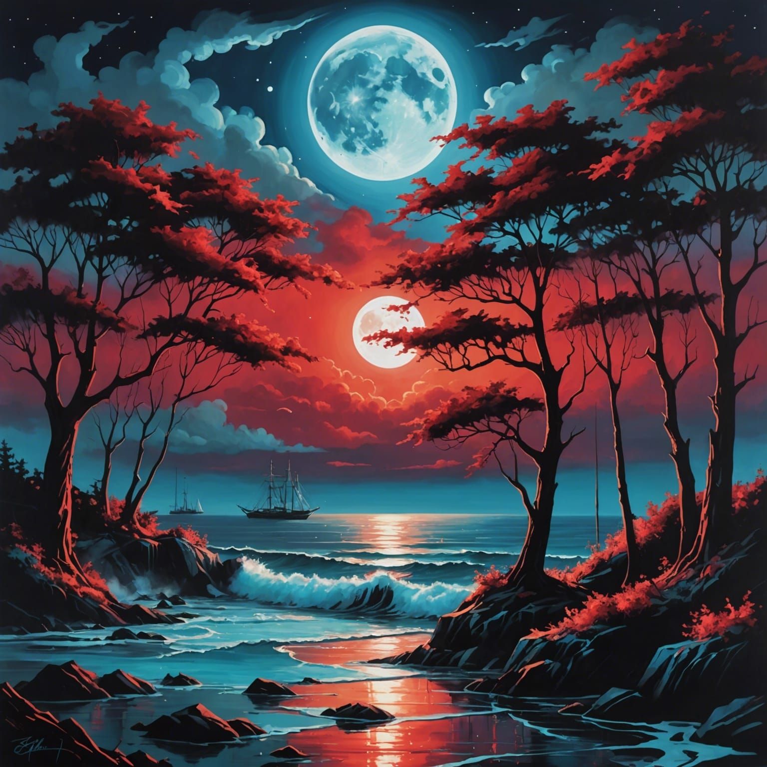 Red Moonlit Ocean Scene in Graffiti Art Style
