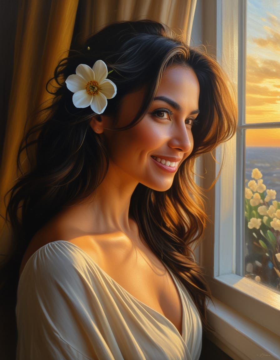 Romantic Realism Portrait of Woman at Sunset