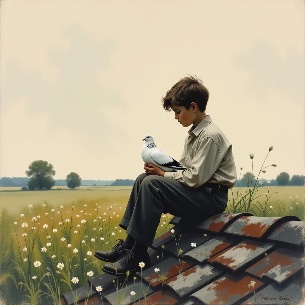 Boy on Roof with Dove, Inspired by Wyeth & Friedrich