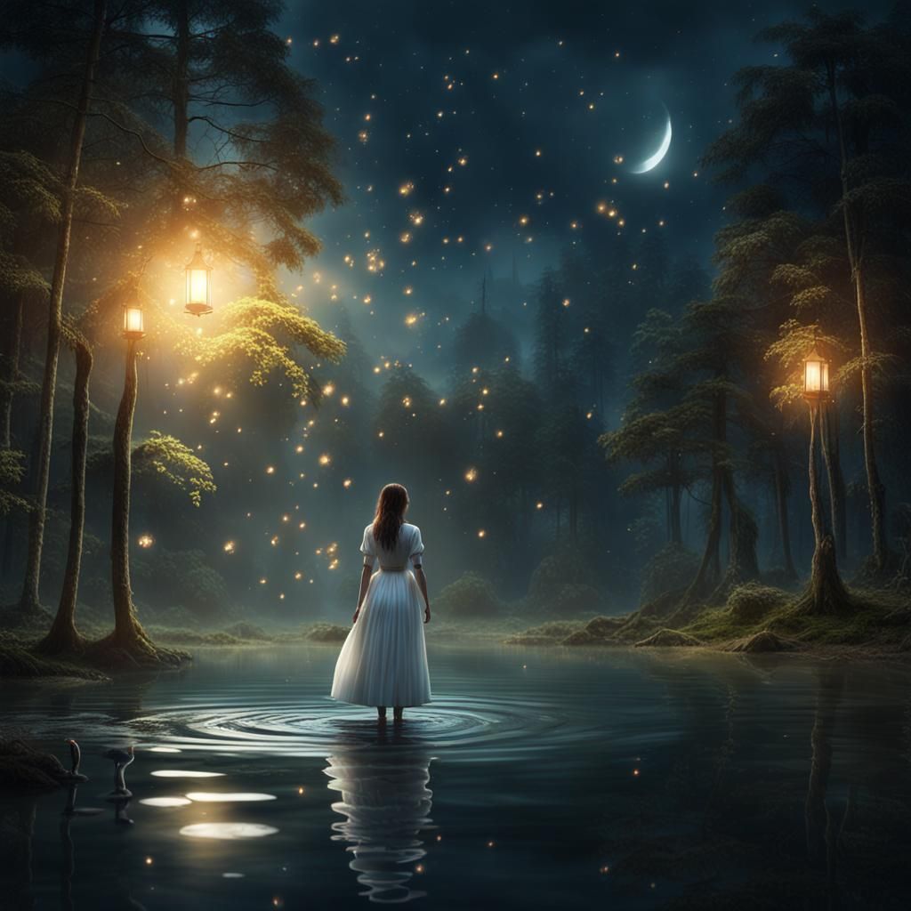 Midnight Lake: Woman and Fireflies in Forest
