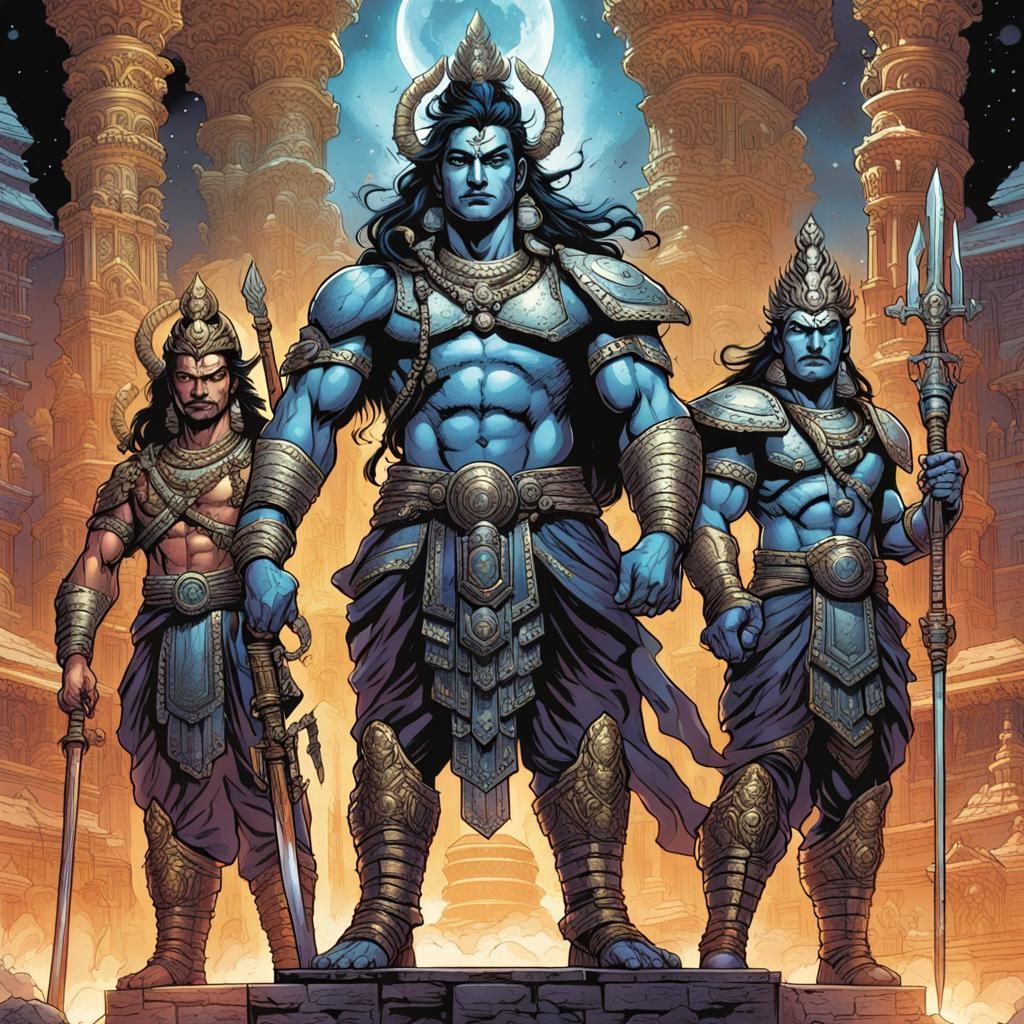 Armored Hindu Gods in Temple, Comic Book Art