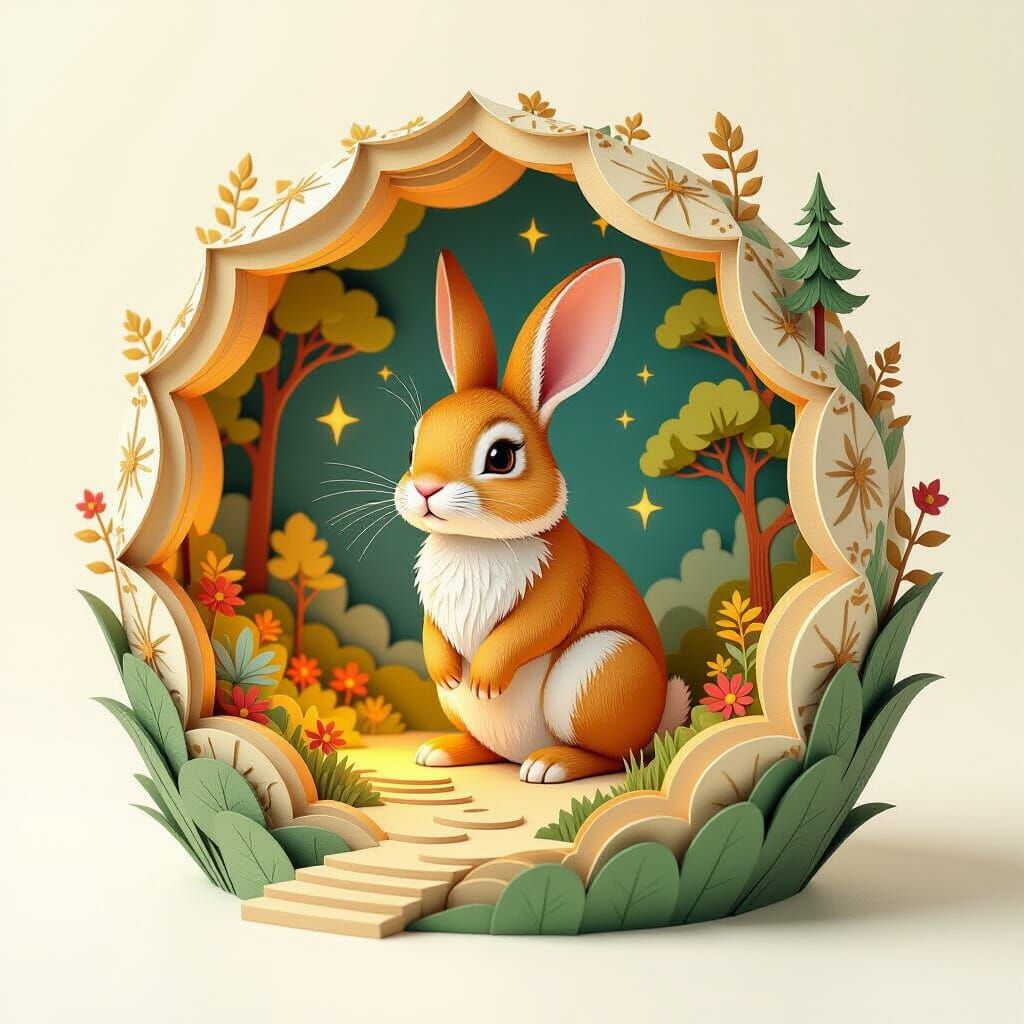 Whimsical Rabbit in Paper Diorama