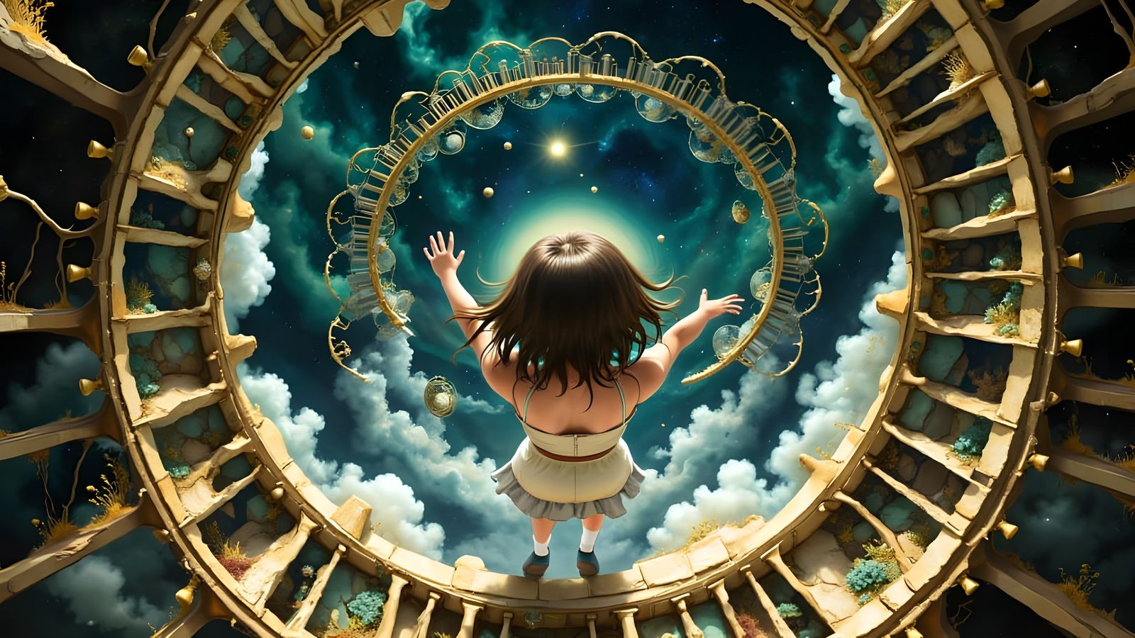 Surreal Girl Falling Through Twisted Staircases