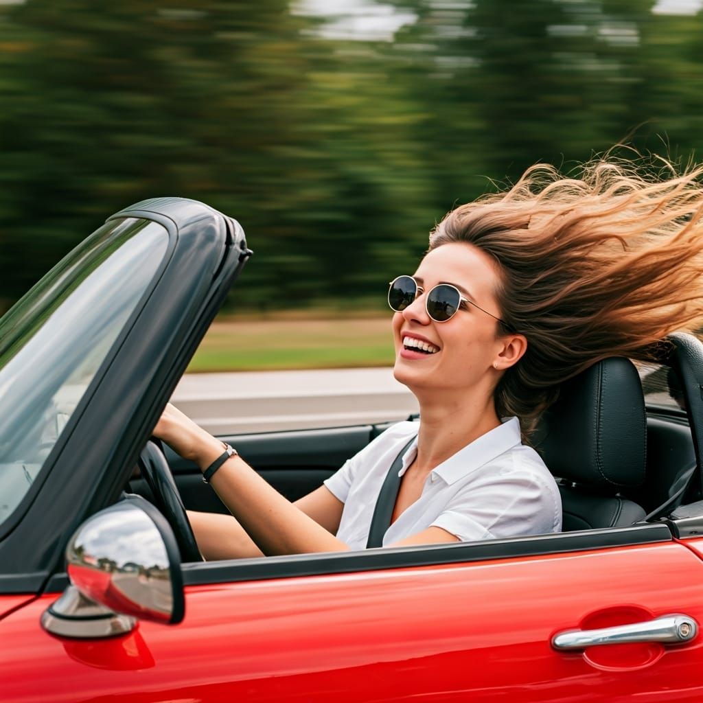 Woman Laughing Driving a Red Convertible