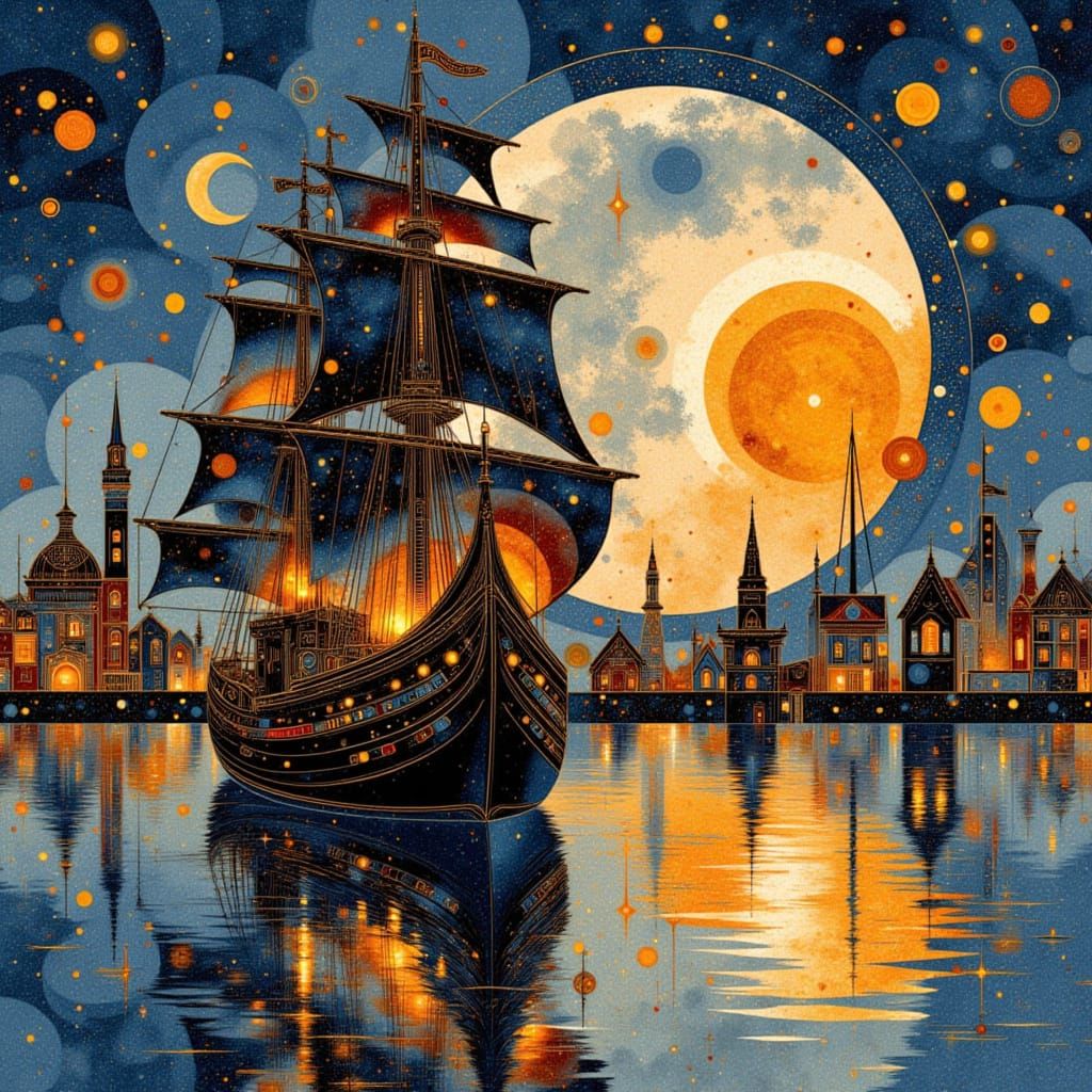 Tall Ship in Harbor at Night, in Ink Style