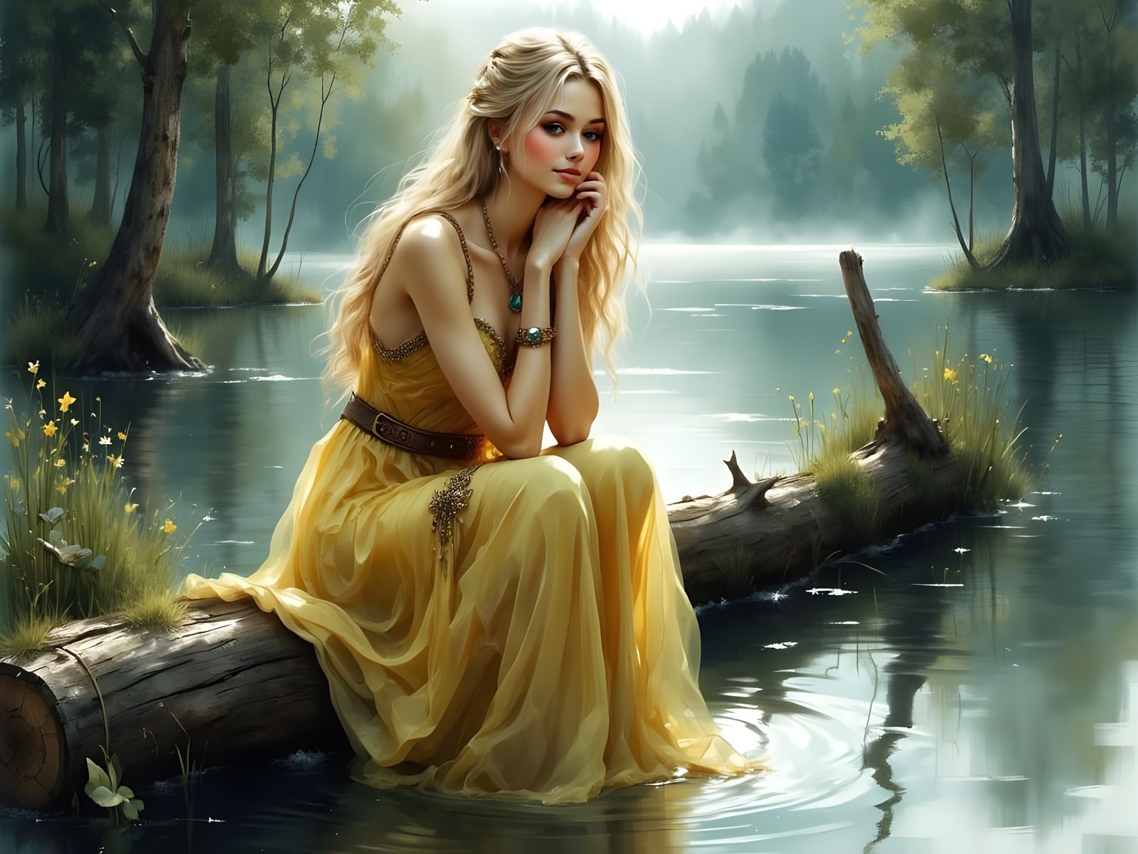 Norse Goddess Portrait in Dreamy Ink Landscape