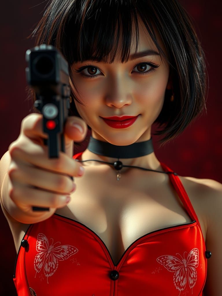Ada Wong Portrait Aiming Handgun in Cinematic Style