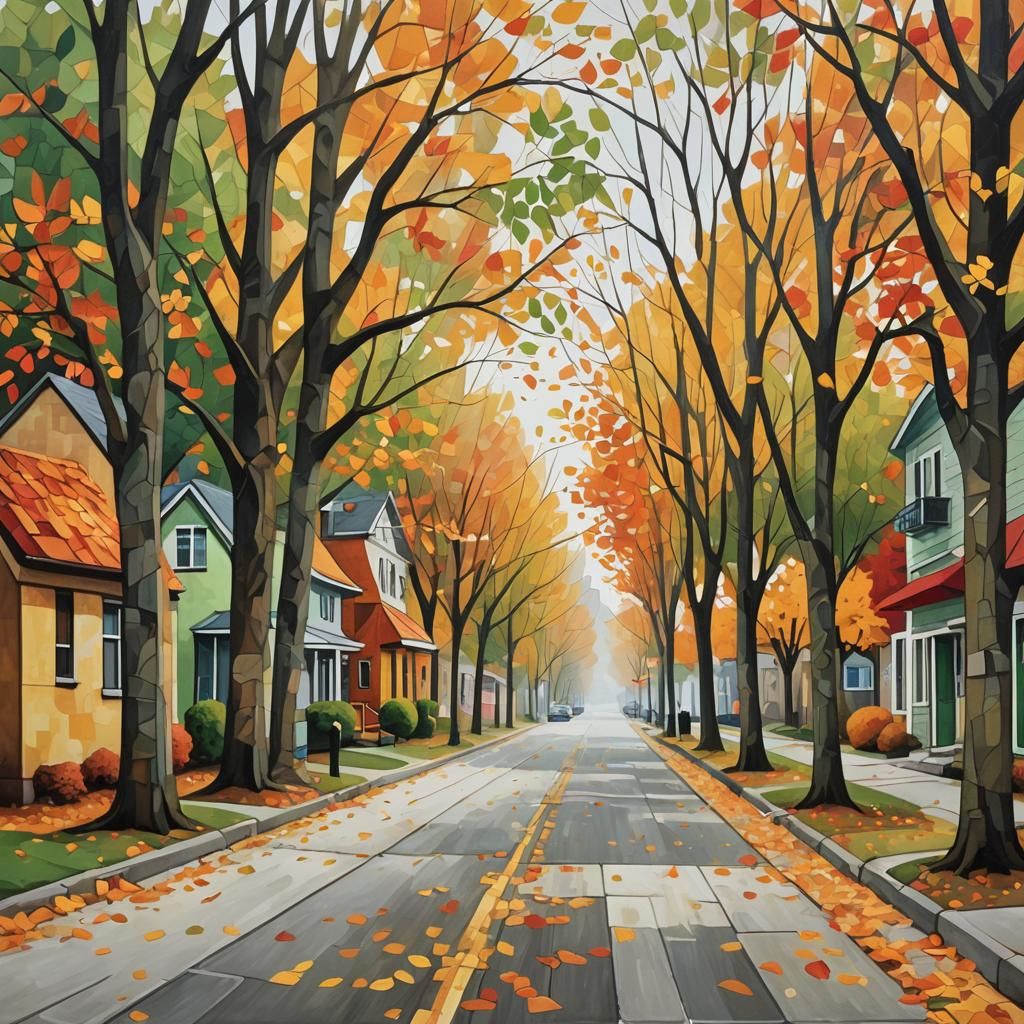 Autumn Street Scene in Cubist Style