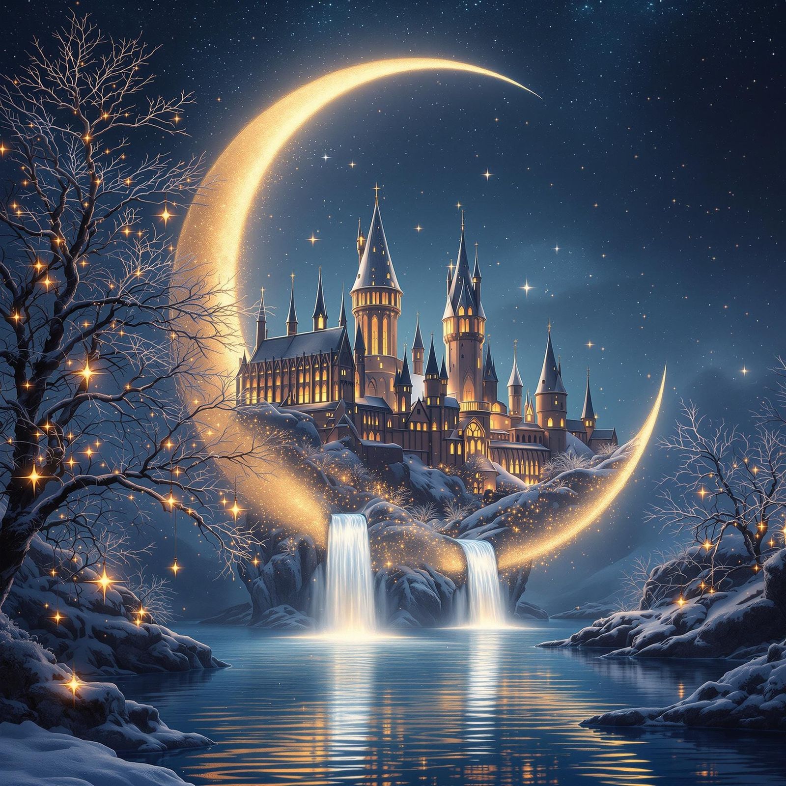 Ethereal Hogwarts Castle in Crescent Moon, Digital Painting