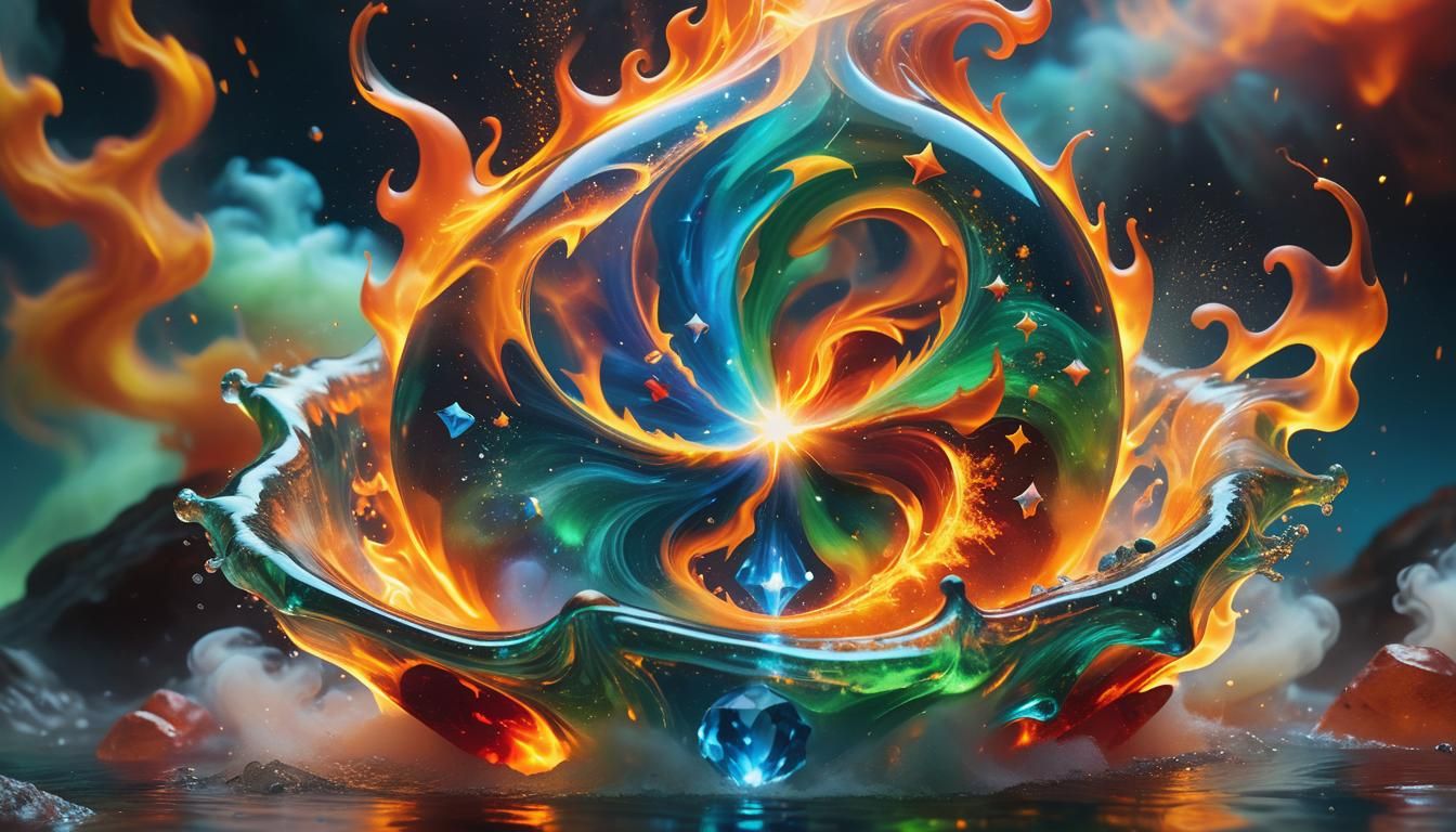 Elemental Star-Shaped Gemstones in a Surreal Landscape