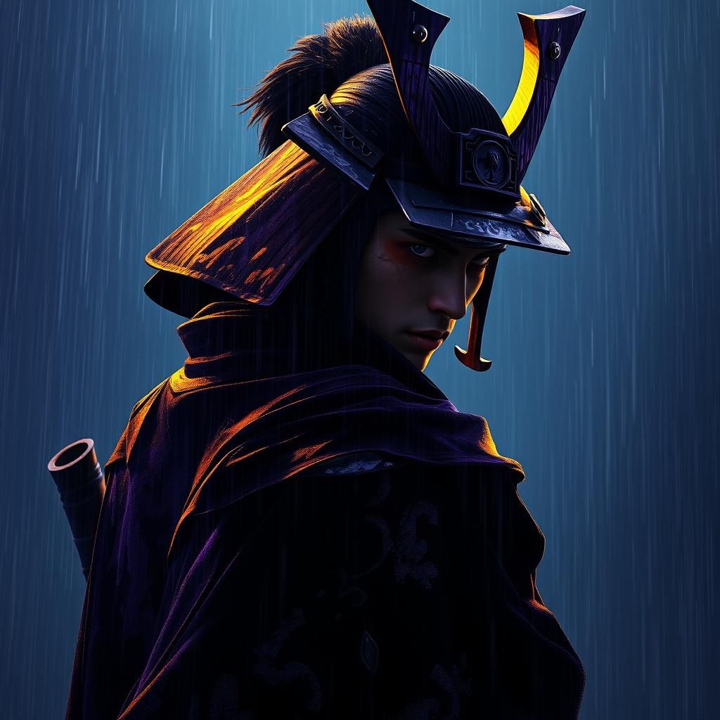 Shadowed Samurai in Rain: Dark Fantasy Concept Art