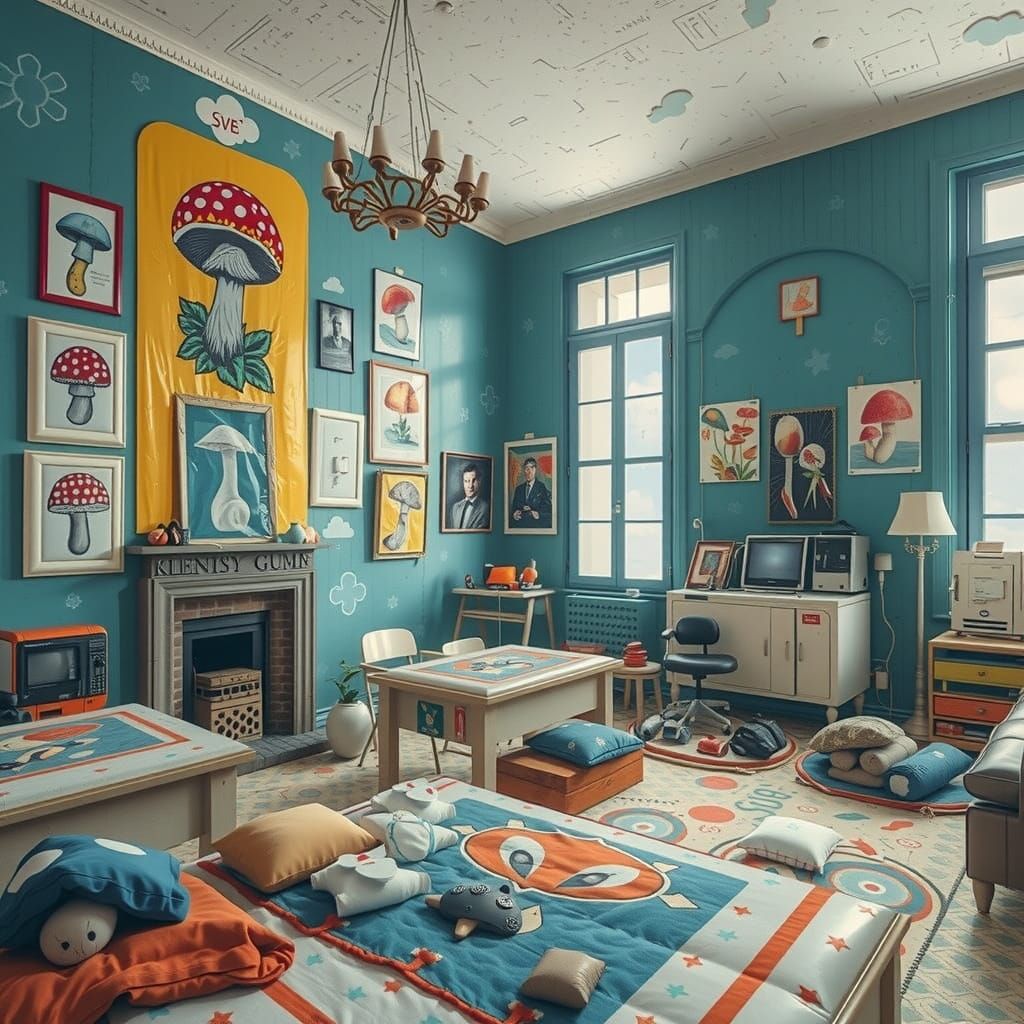 Whimsical Gum Bungalow with Mushroom Decor, Hyperreal Photo