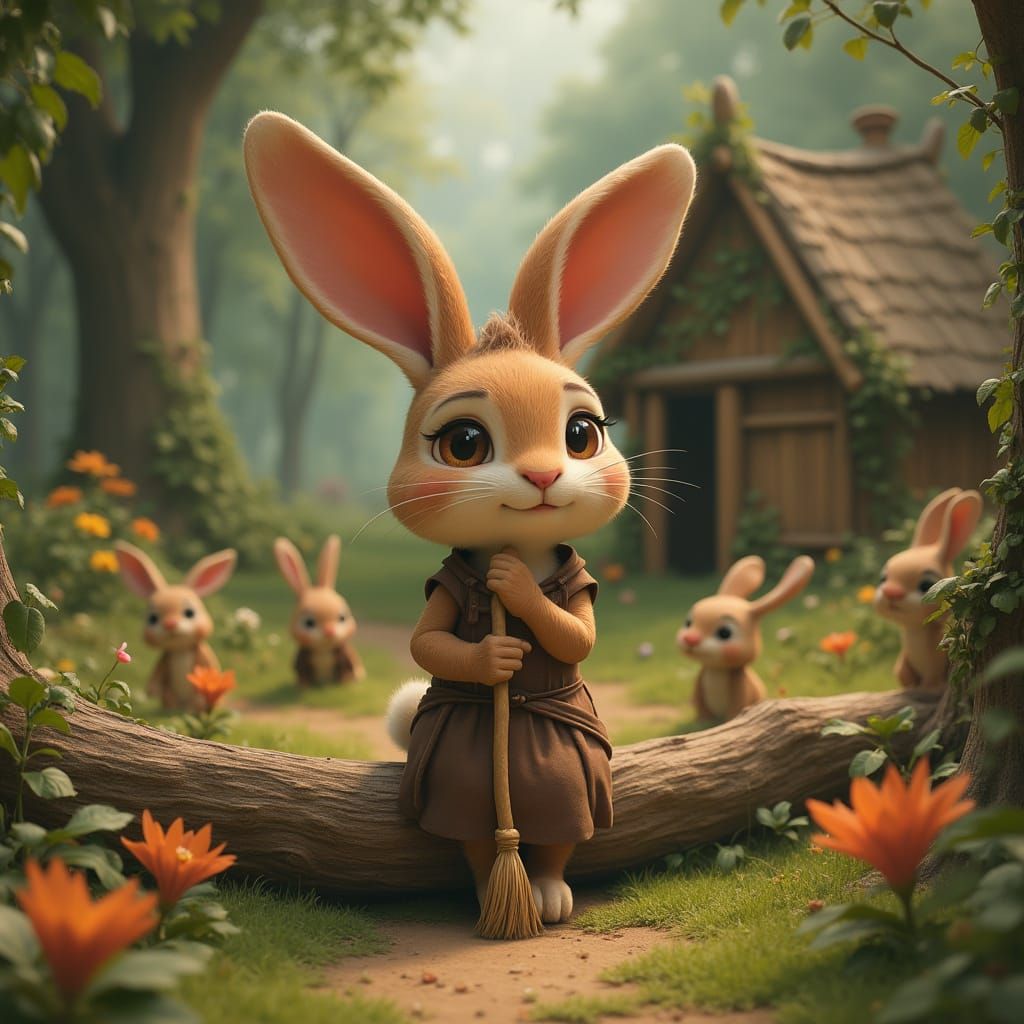 A Lonely Cartoon Rabbit Sits Among Lush Forest, Holding a Br...