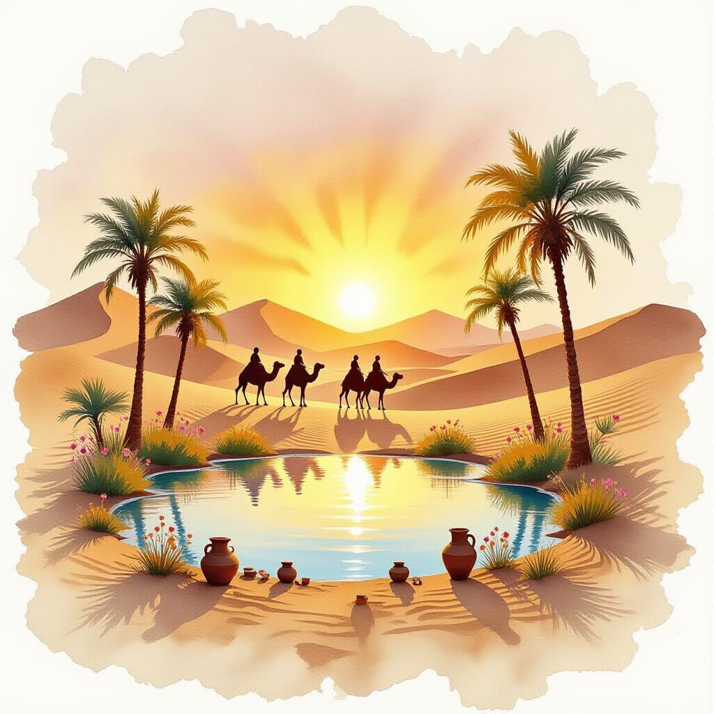 Desert Oasis Watercolor Painting with Dissolving Gradient